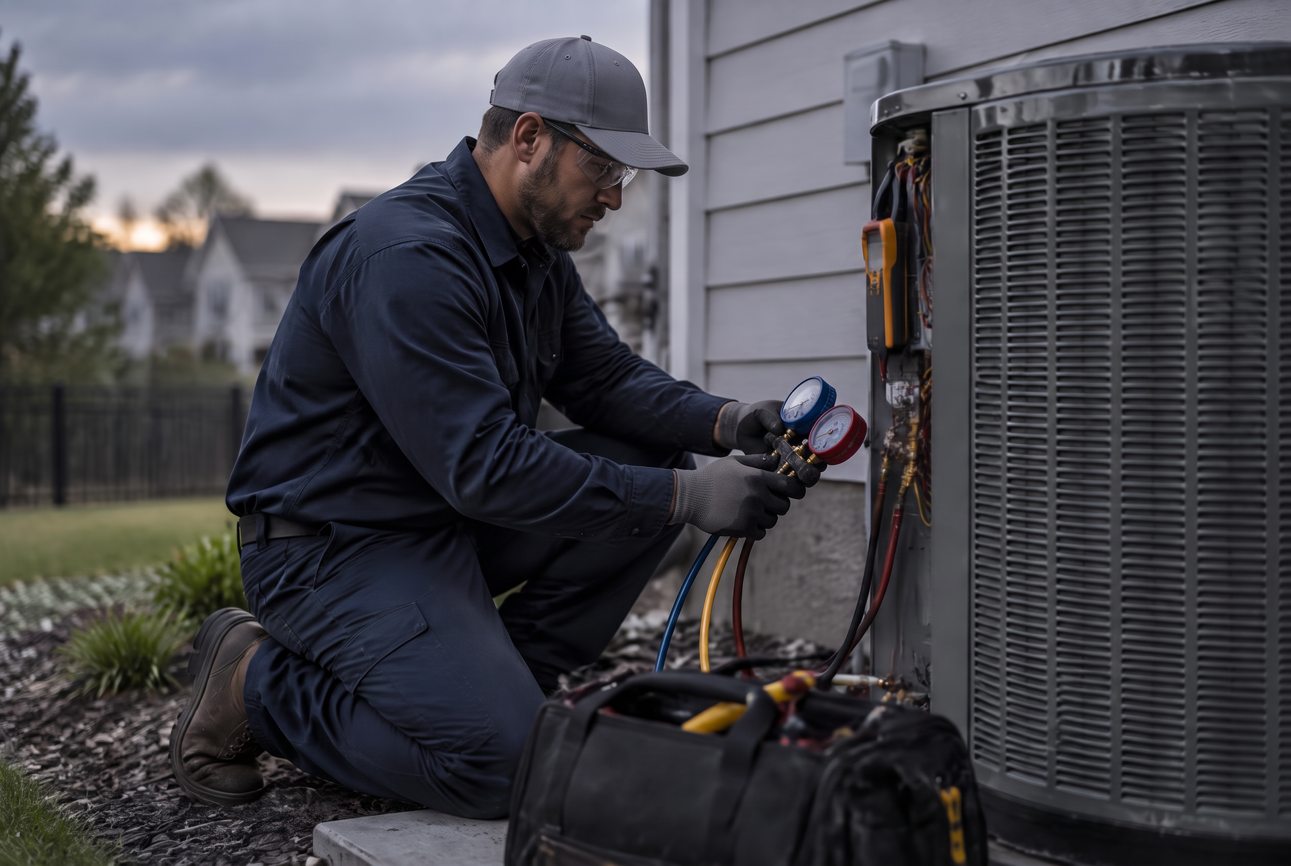HVAC technician servicing a residential air conditioning unit