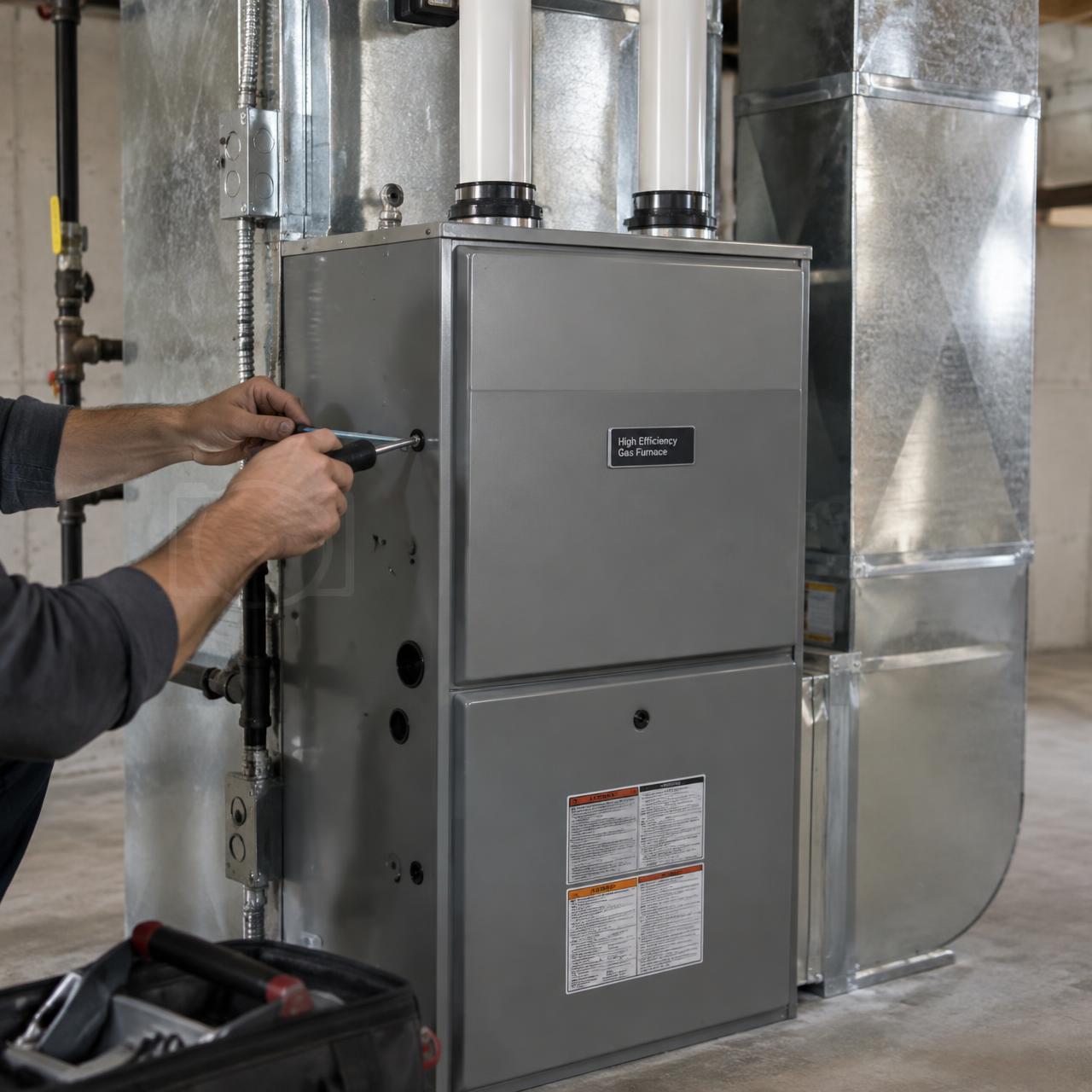 Technician installing a high-efficiency furnace